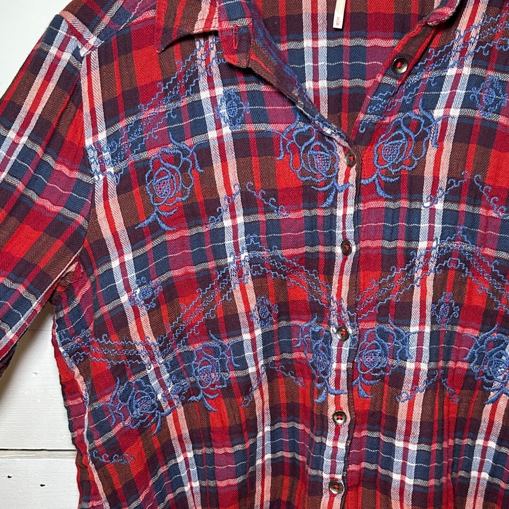 Free People Magical Ebroidered Button Down Red and Blue Plaid Shirt - Picture 4 of 13